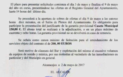 ANUNCIO – Adjudicación y explotación de Caseta Municipal – 13 y 14 de mayo del 2017 – San Isidro