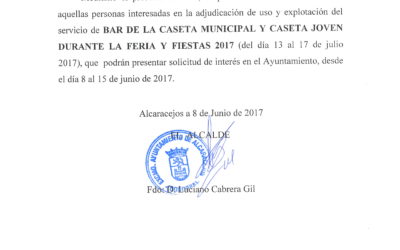 ANUNCIO- BAR CASETA MUNICIPAL Y CASETA JOVEN FERIA Y FIESTAS 2017